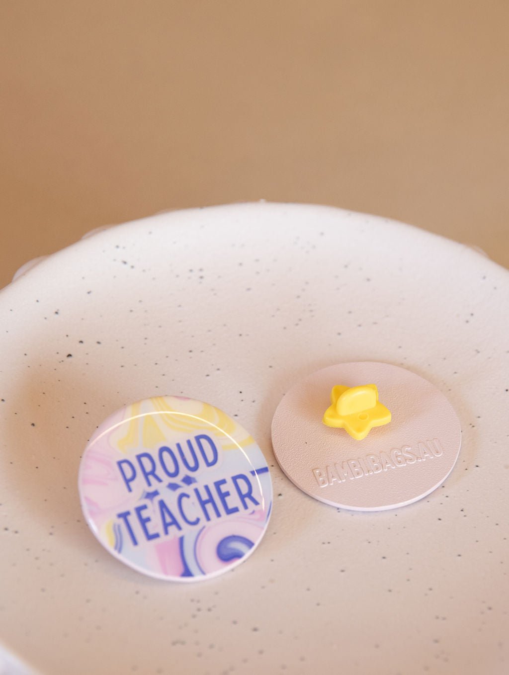 Proud Teacher Colourful Pin - Bambi Bags