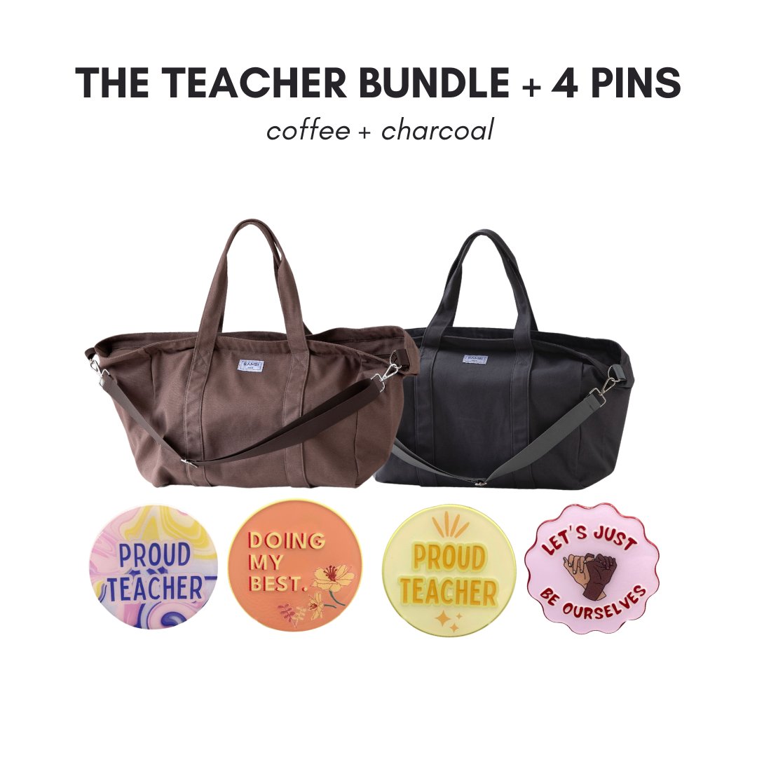 The Teacher Bundle + 4 Pins (Coffee + Charcoal) - Bambi Bags