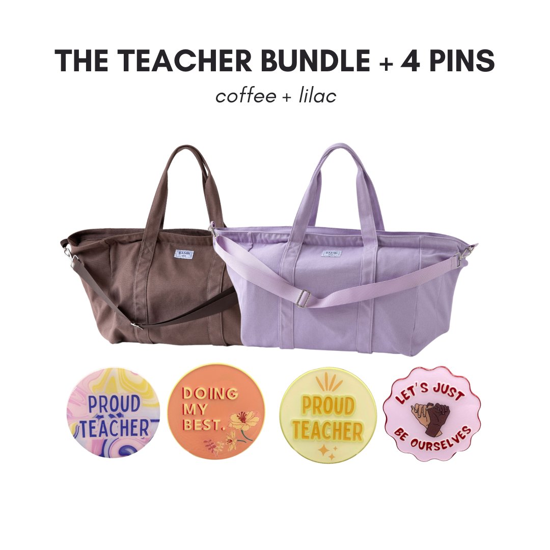 The Teacher Bundle + 4 Pins (Coffee + Lilac) - Bambi Bags