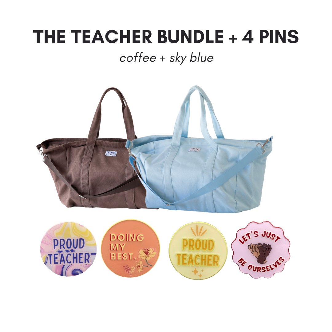 The Teacher Bundle + 4 Pins (Coffee + Sky Blue) - Bambi Bags