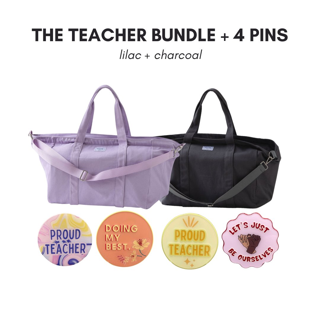 The Teacher Bundle + 4 Pins (Lilac + Charcoal) - Bambi Bags