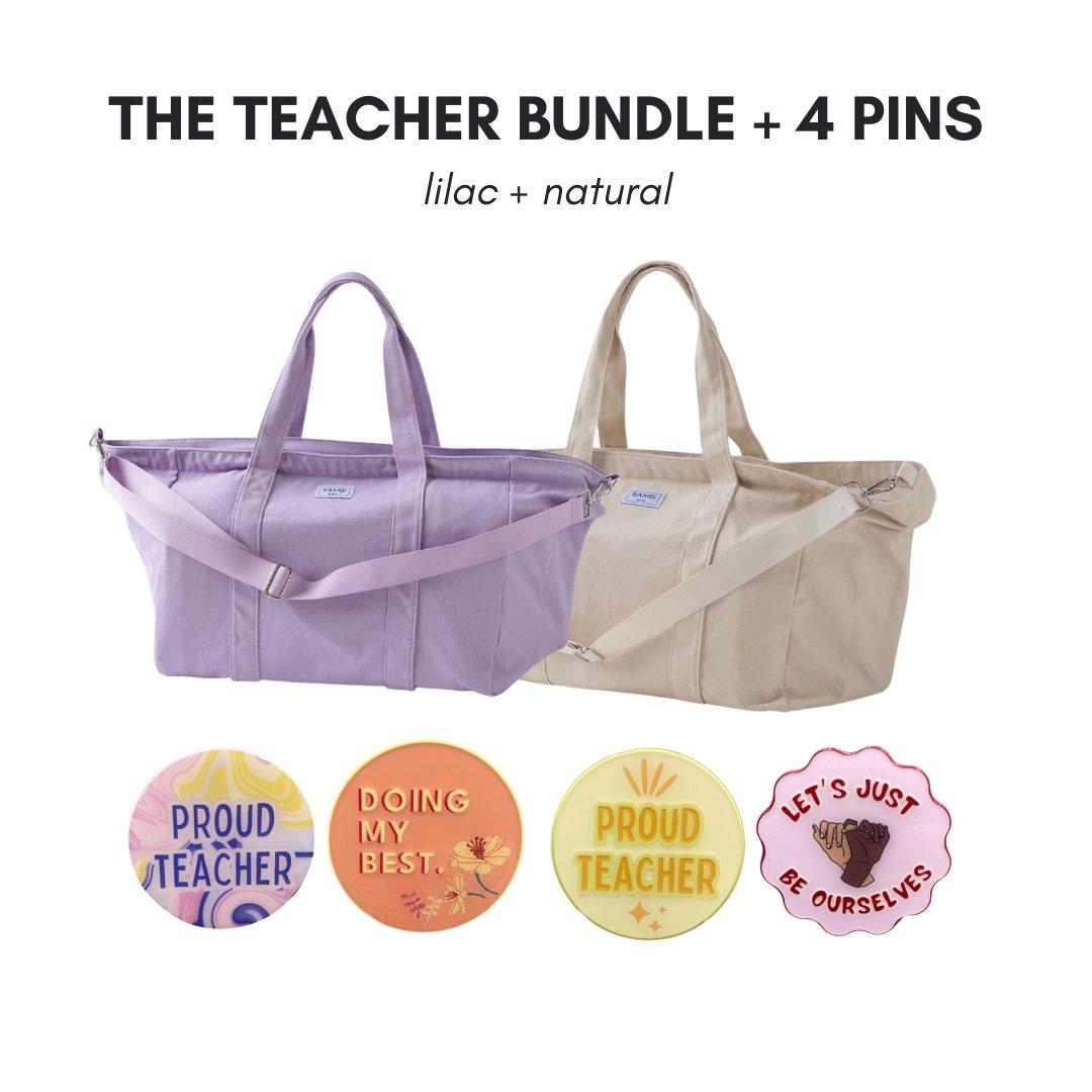 The Teacher Bundle + 4 Pins (Lilac + Natural) - Bambi Bags