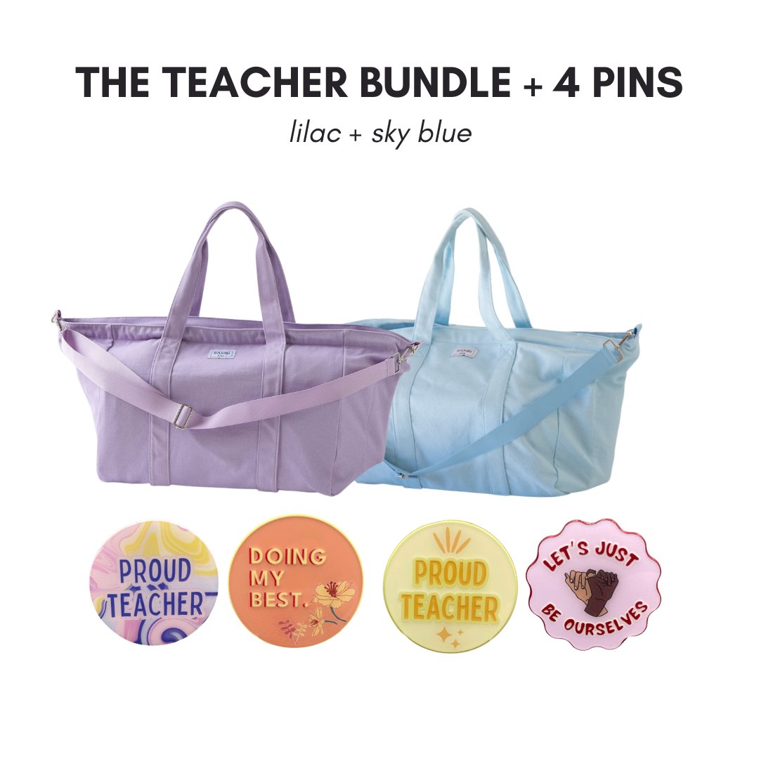 The Teacher Bundle + 4 Pins (Lilac + Sky Blue) - Bambi Bags