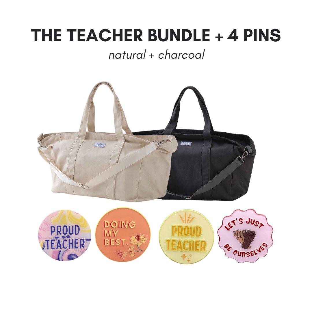 The Teacher Bundle + 4 Pins (Natural + Charcoal) - Bambi Bags