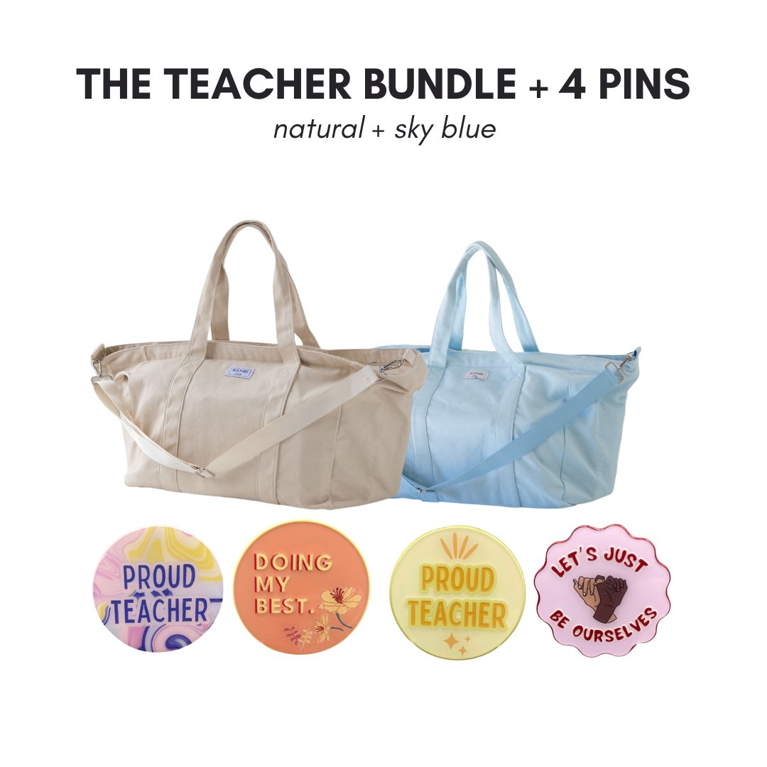 The Teacher Bundle + 4 Pins (Natural + Sky Blue) - Bambi Bags