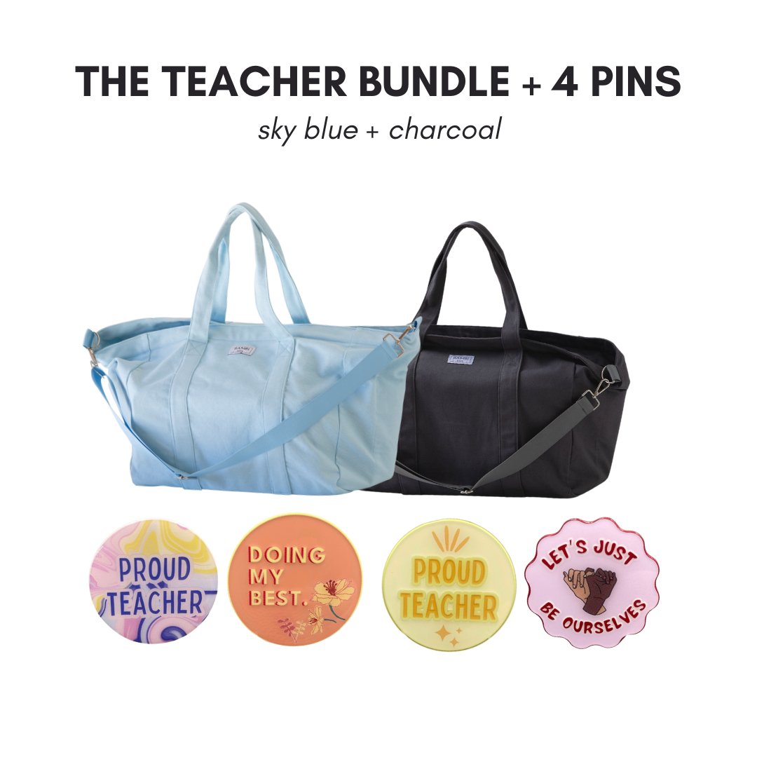 The Teacher Bundle + 4 Pins (Sky Blue + Charcoal) - Bambi Bags